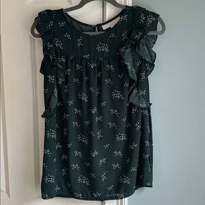 LOFT Forest Green Floral Ruffle Top